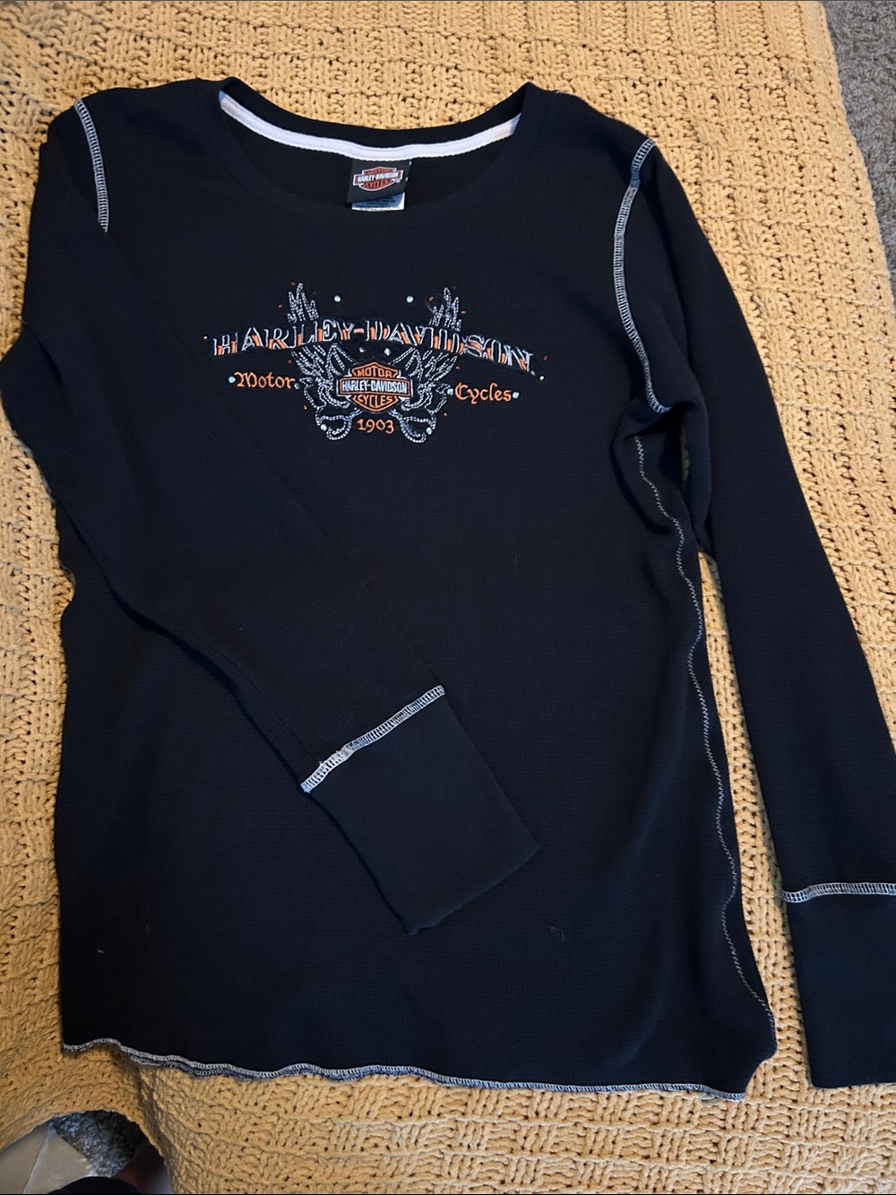 Harley-Davidson Kids Black Long Sleeve Thermal Top with Orange Logo